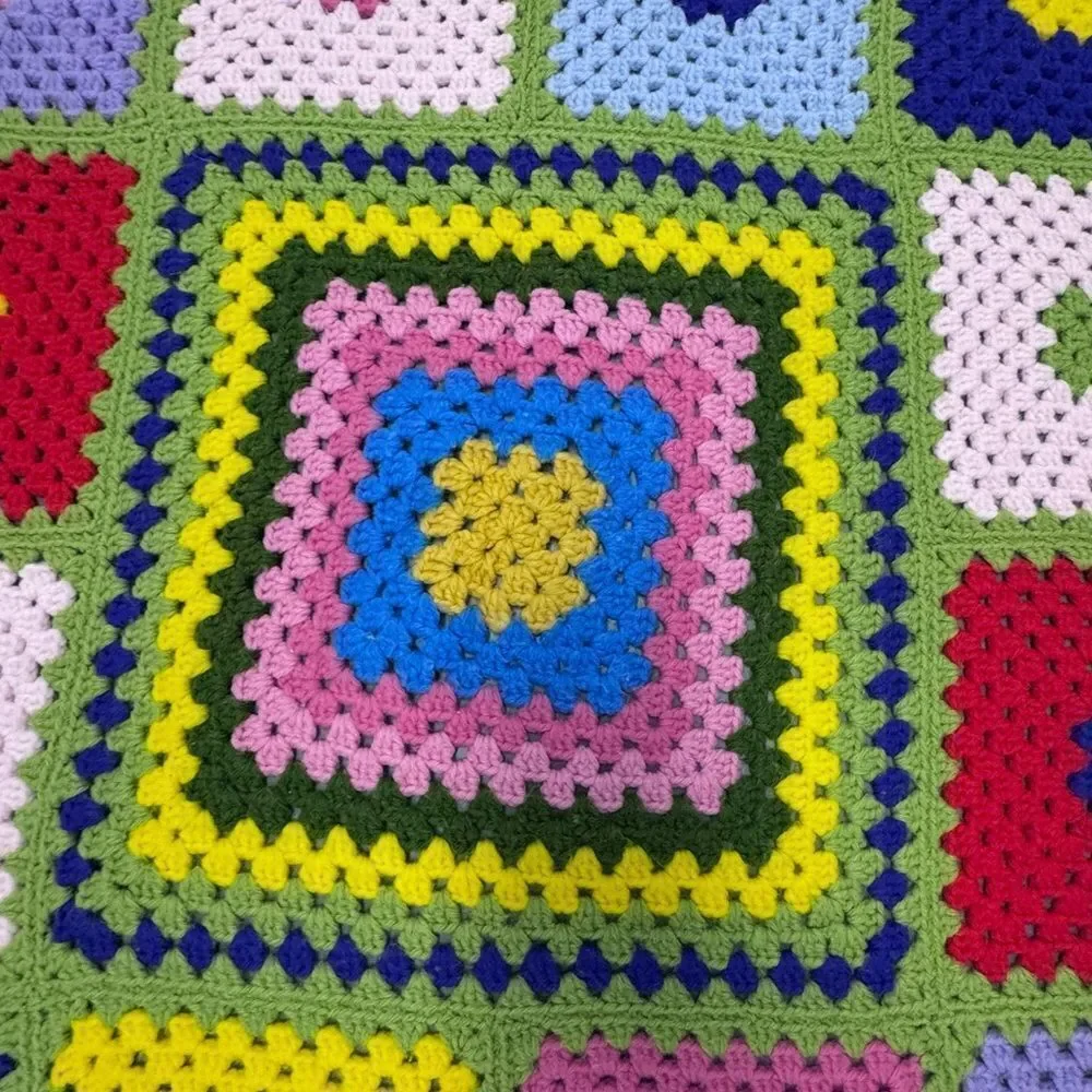Afghan Handmade Multicolor Crochet Blanket Grandma Squares 46” x 62”